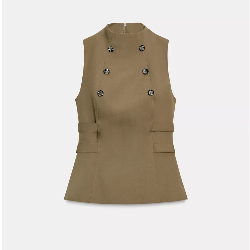 Zara Khaki Sleeveless Buttoned Blouse